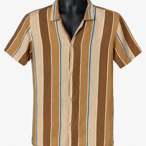 Refinery Republic Men's Tan Striped Short Sleeve Resort Shirt Size L Viscose